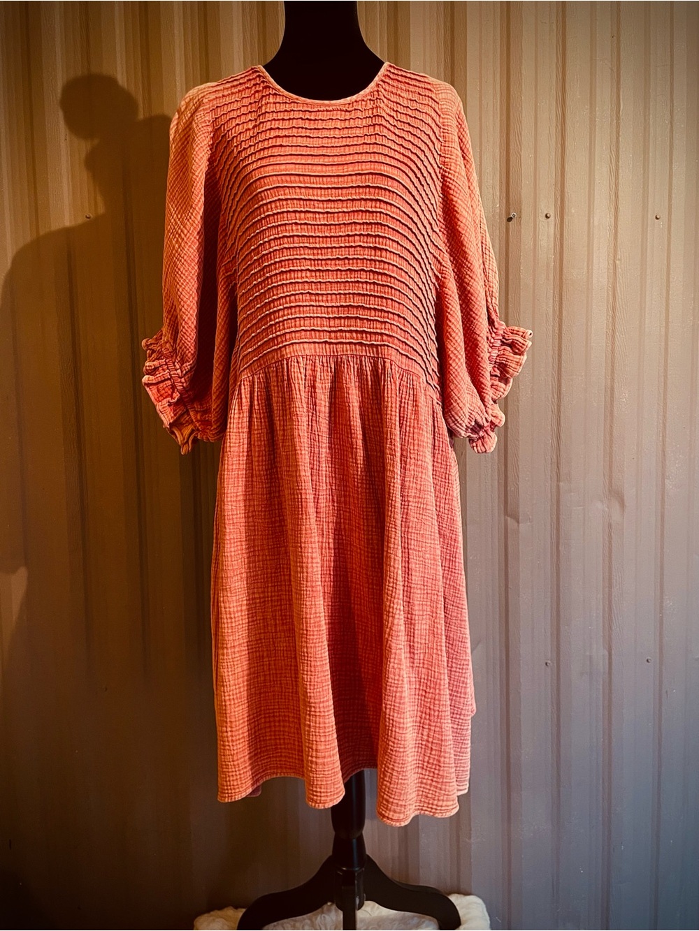 Easel Crinkle Gauze Dress Oversized Boho Midi Balloon Slv Clay Coastal Cottage L - Picture 4 of 13